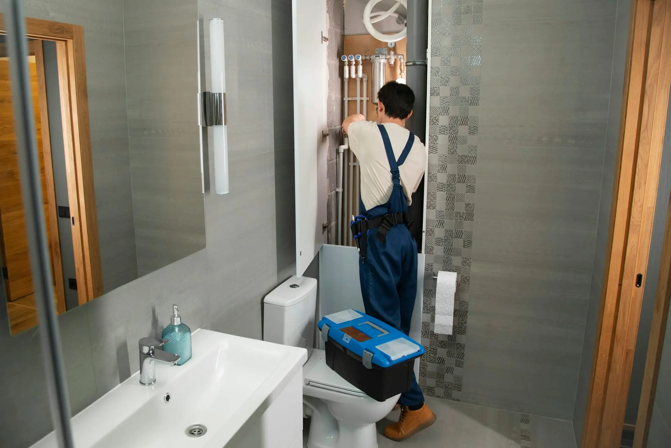 Installateur mit Werkzeugkoffer in einem Badezimmer